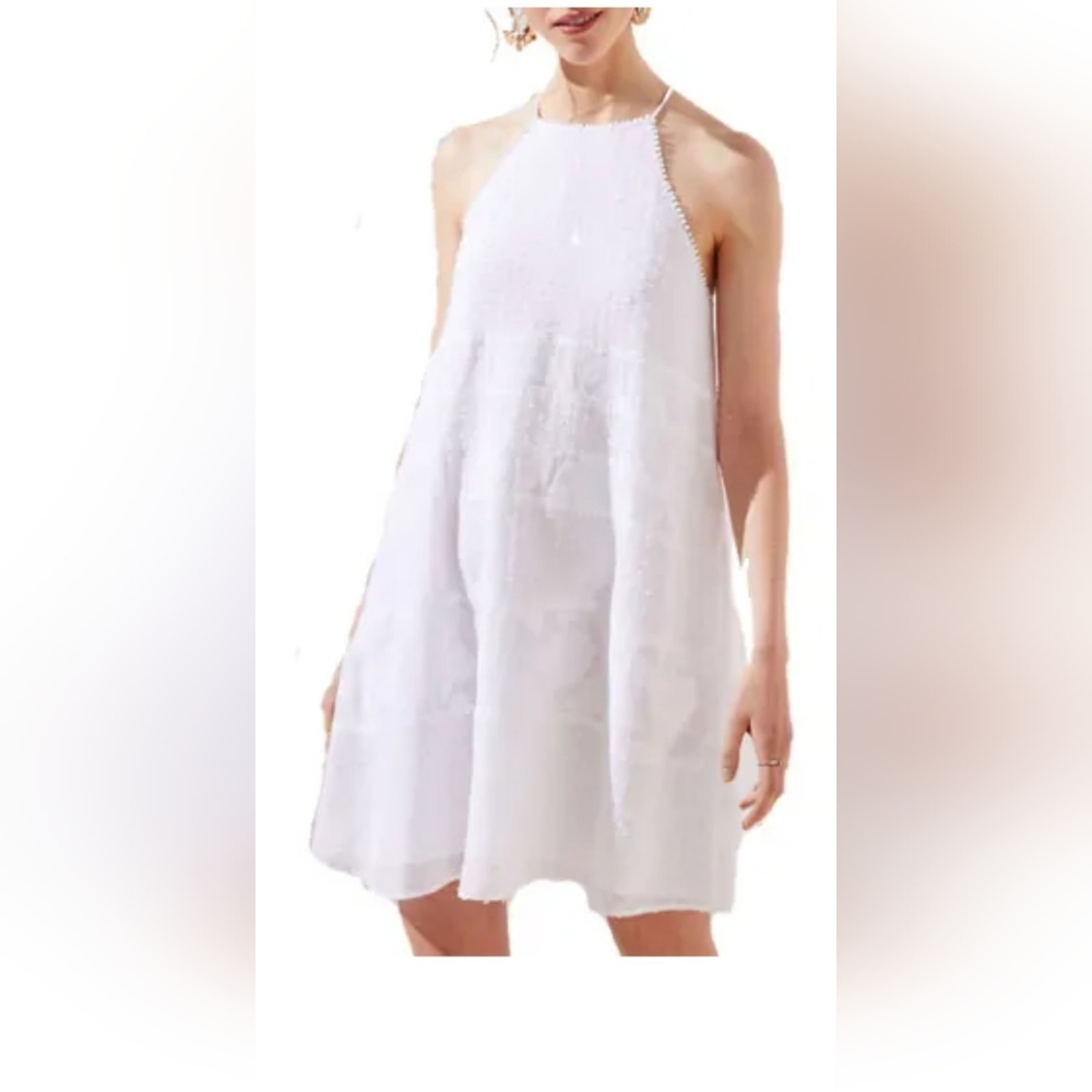 LOFT White Ruched Whimsical  Halter / Slip Sundress with Embroidery